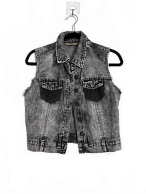 Grunge Style Gray Acid Wash Denim Vest Skull Detail Size S